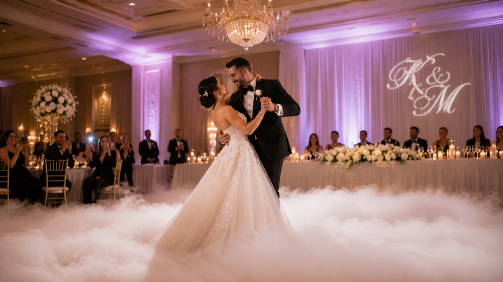 A couple's first dance on a dreamy low-cloud effect