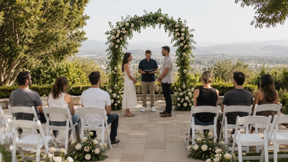 Intimate hilltop wedding ceremony rehearsal