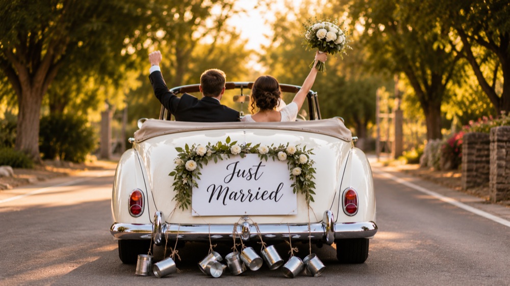 Just Married vintage getaway car with tin cans