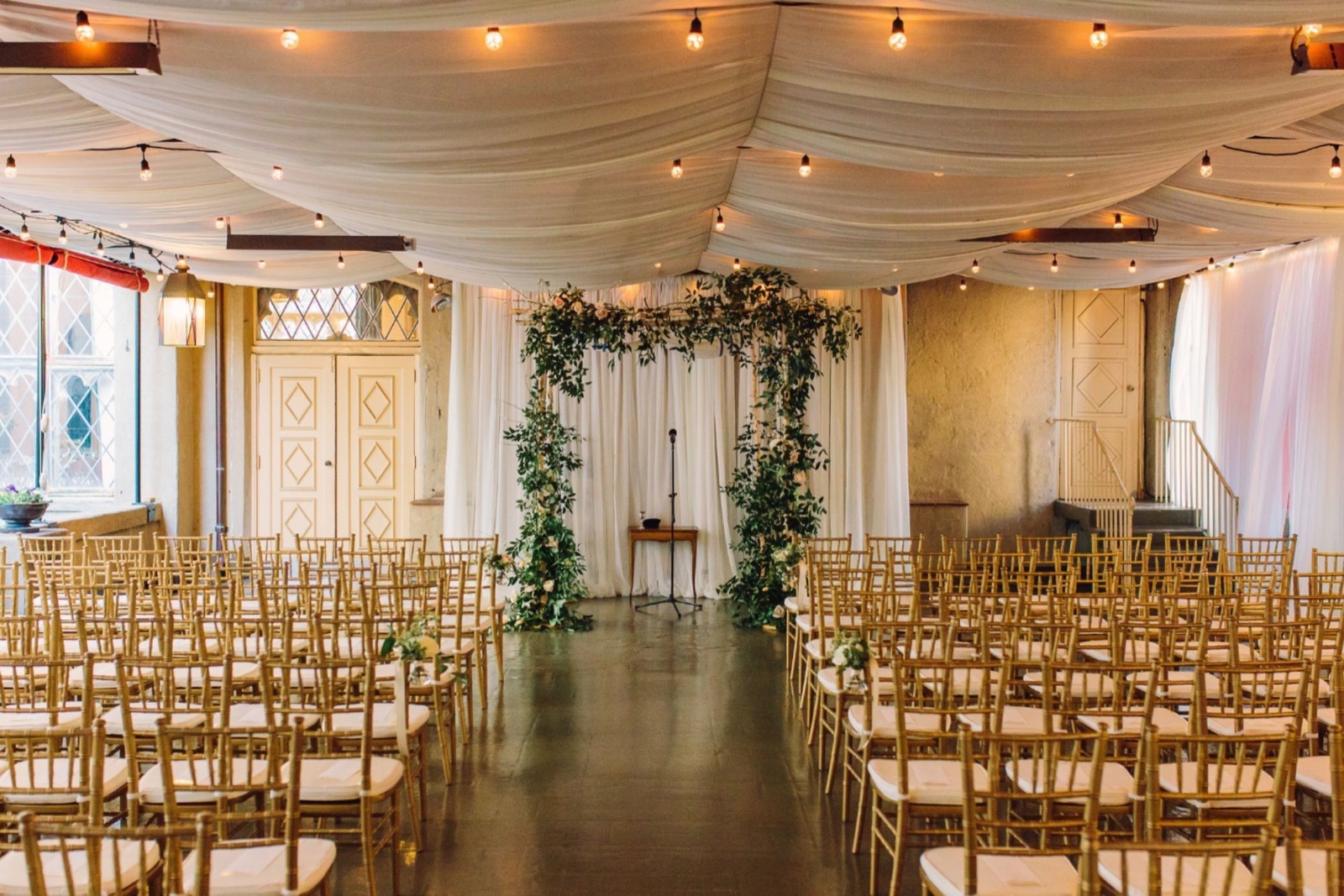 Covered Terrace with leaded-glass windows at Berkeley City Club wedding venue in Berkeley, California