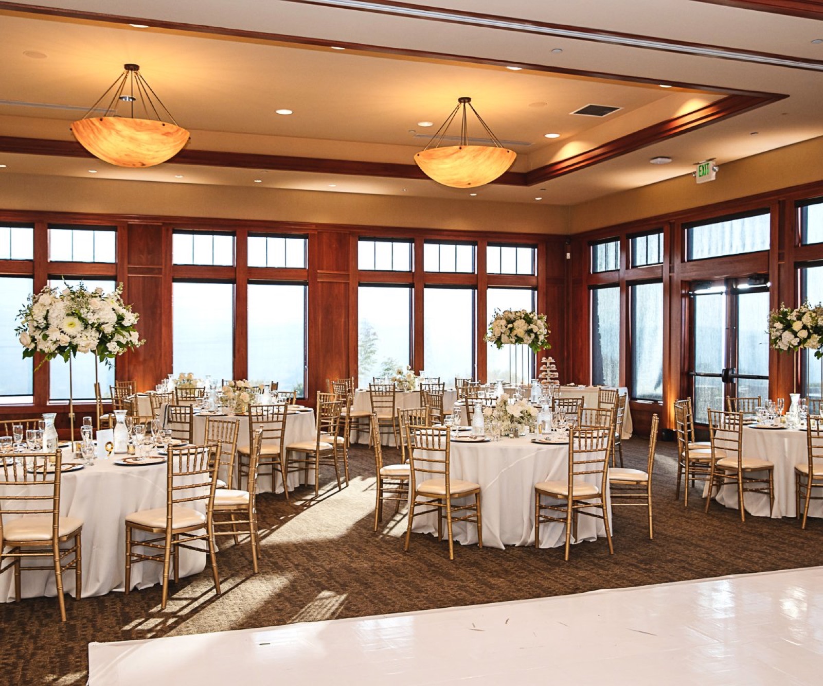 Grand hall reception setup with floor-length linens at Boulder Ridge by Wedgewood Weddings in San Jose, CA