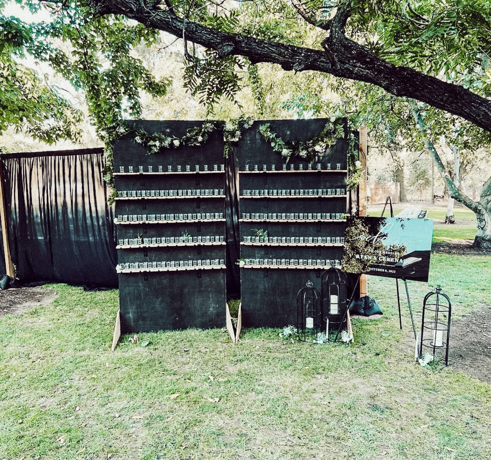 Industrial backdrop and champagne wall by Burner Custom Designs and Events in Hilmar, California