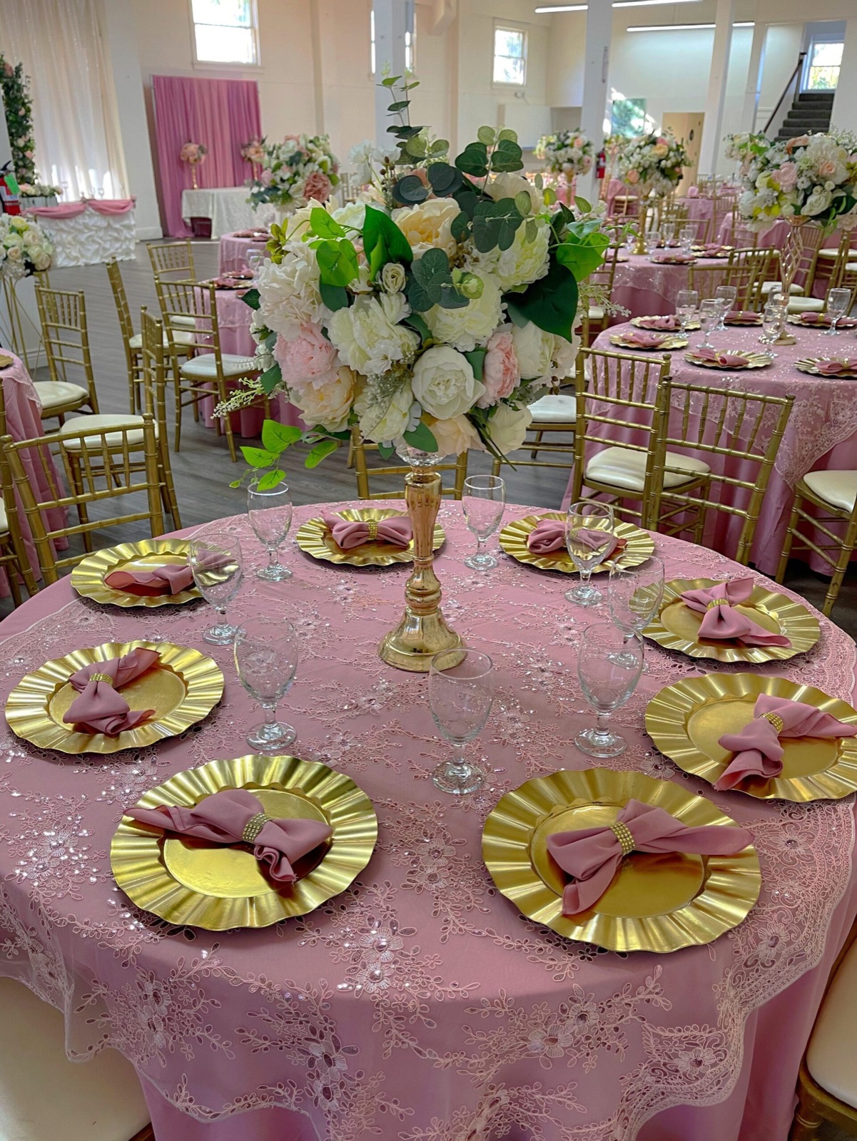 Event space set for a celebration at California Hall & Community Center in Atwater, California