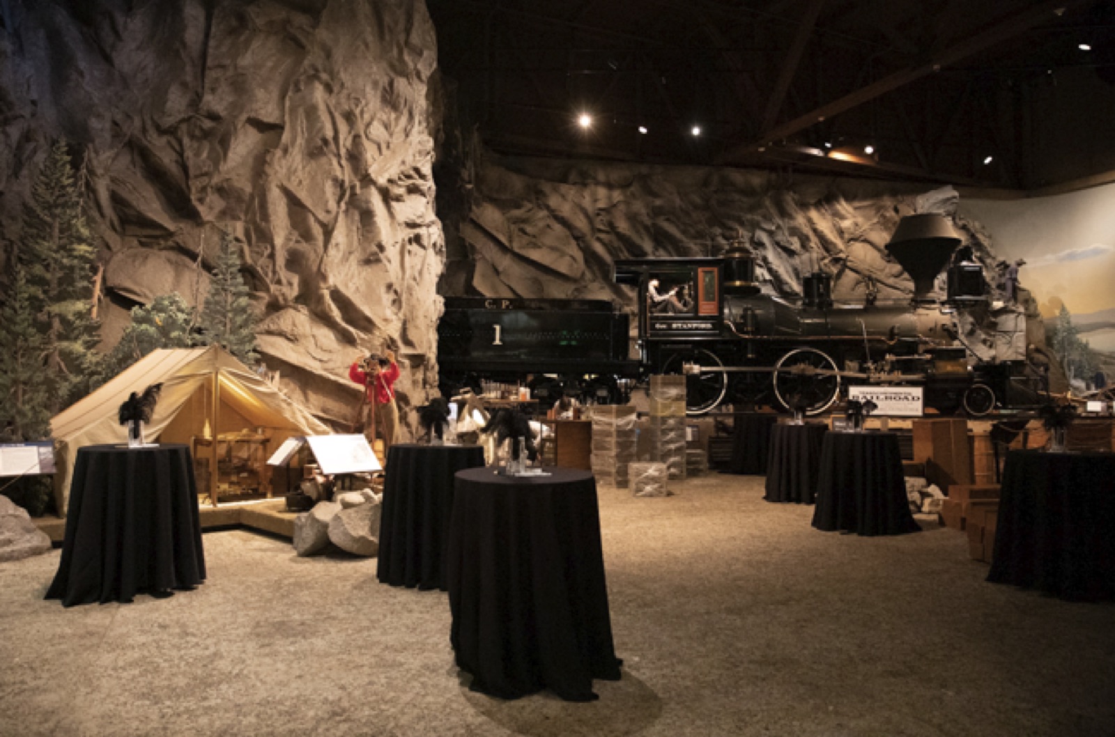 The Sierra Scene event space with the Governor Stanford locomotive at the California State Railroad Museum in Sacramento