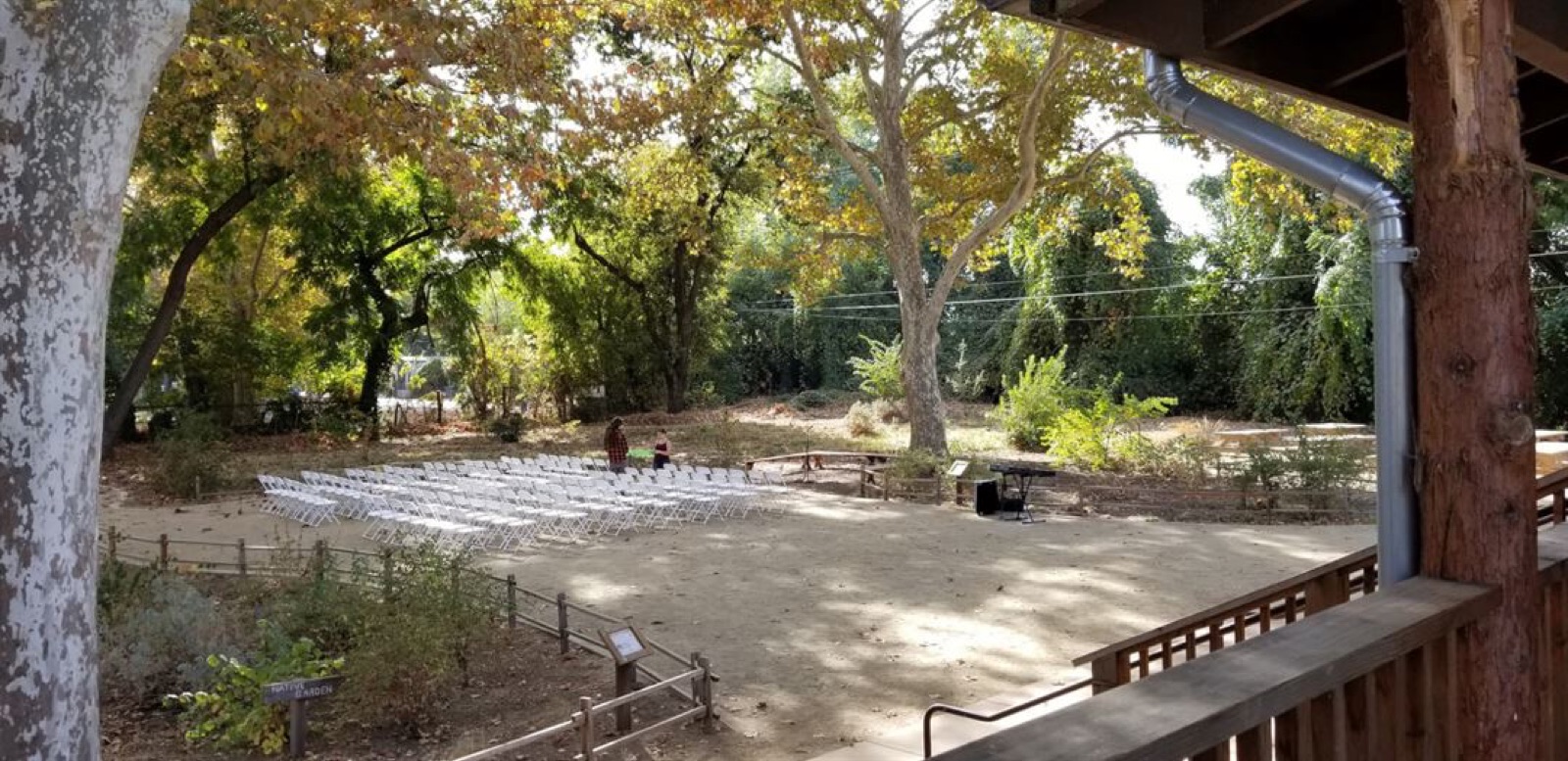 Covered river-facing deck at Camp Pollock wedding venue in Sacramento, California