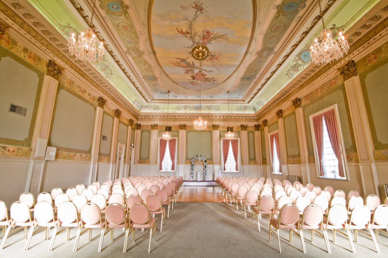 Reception setup in an elegant ballroom at Capitol Plaza Ballrooms in Sacramento, California