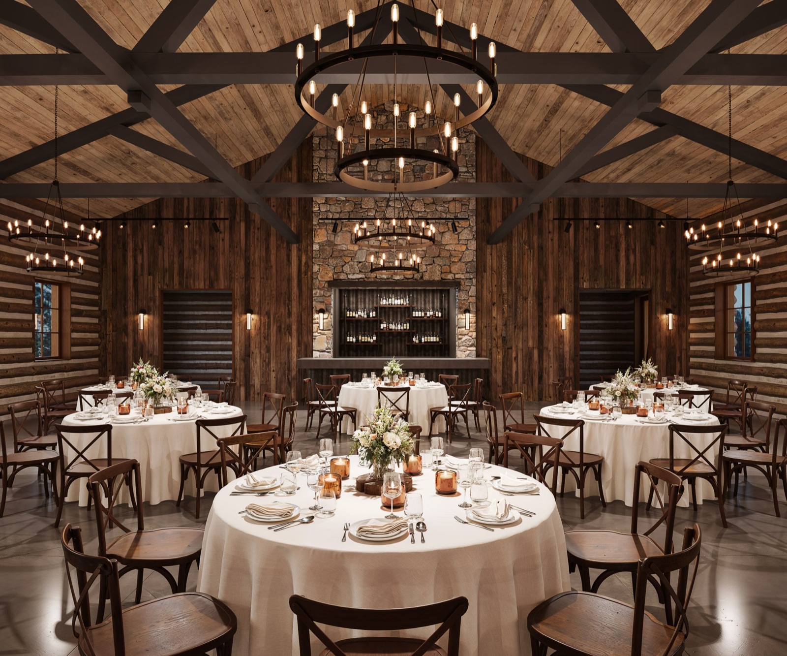 Natural wood bar and dining area at Casa del Rio by Wedgewood Weddings in Fresno, California