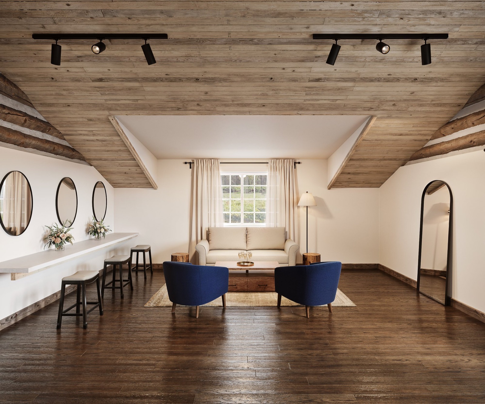Bridal suite with wooden ceiling and modern furnishings at Casa del Rio by Wedgewood Weddings in Fresno, California