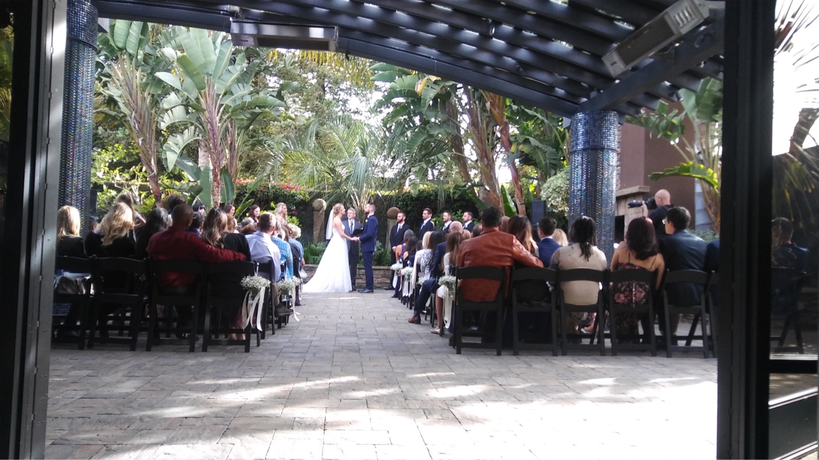 Outdoor patio wedding setup at Club Auto Sport in San Jose, California