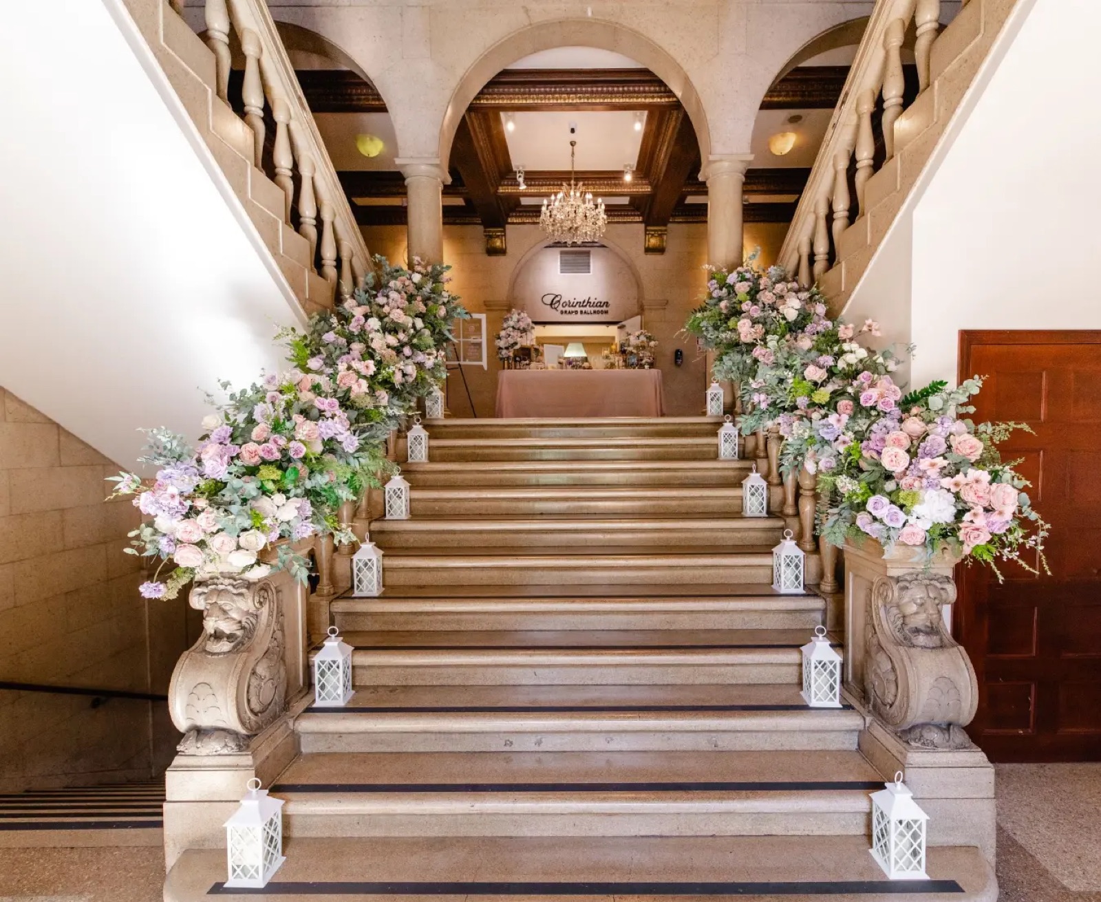 Historic staircase and balcony at Corinthian Grand Ballroom wedding venue in San Jose, California