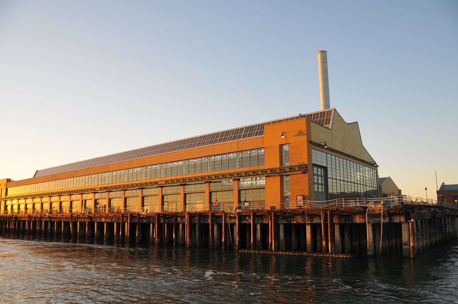 Craneway Pavilion in Richmond, California with open-air terrace and San Francisco skyline views