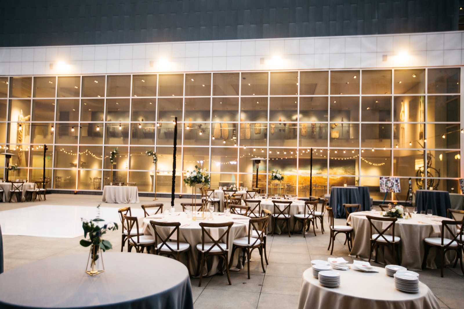 Courtyard wedding reception setup at Crocker Art Museum in Sacramento, California