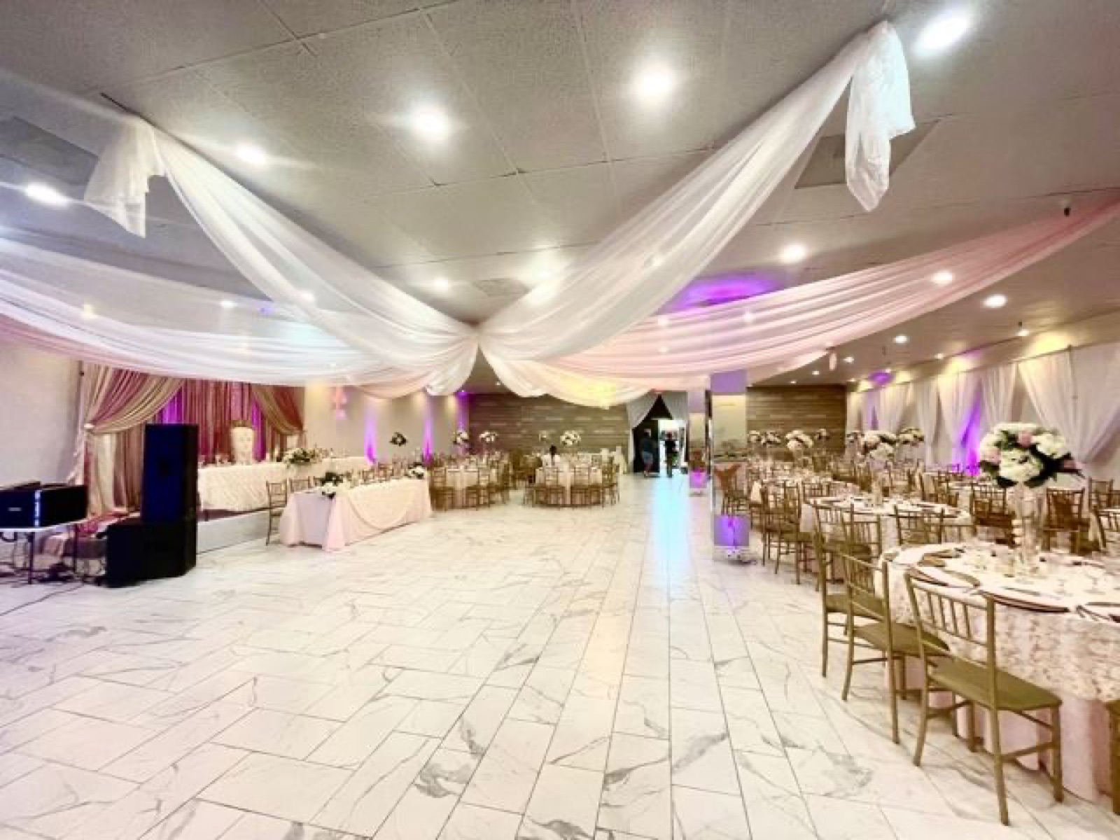 Event space setup at Dark Blue Events Venue in Modesto, California