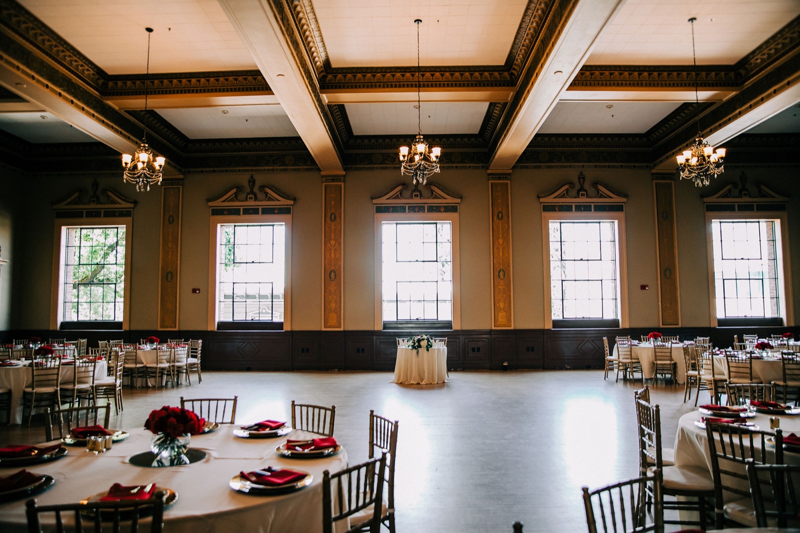 Reception space set for a celebration at Elks Tower Events in Sacramento, California