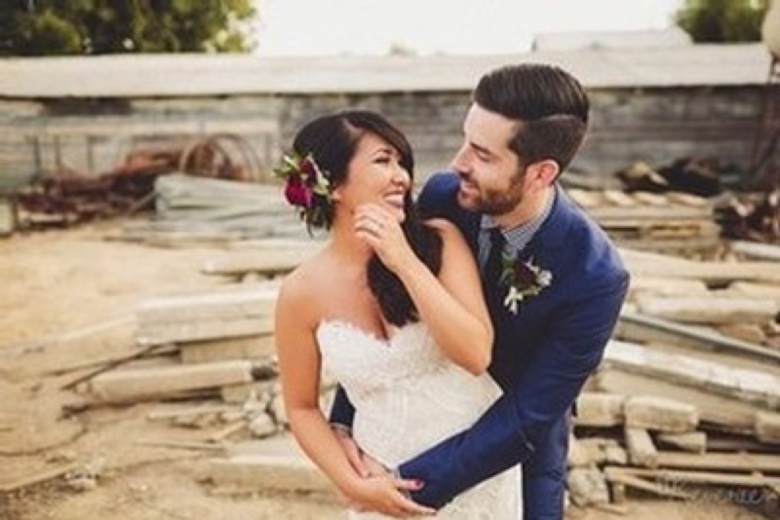 Newlyweds among the vineyard rows at Engelmann Cellars in Fresno, California