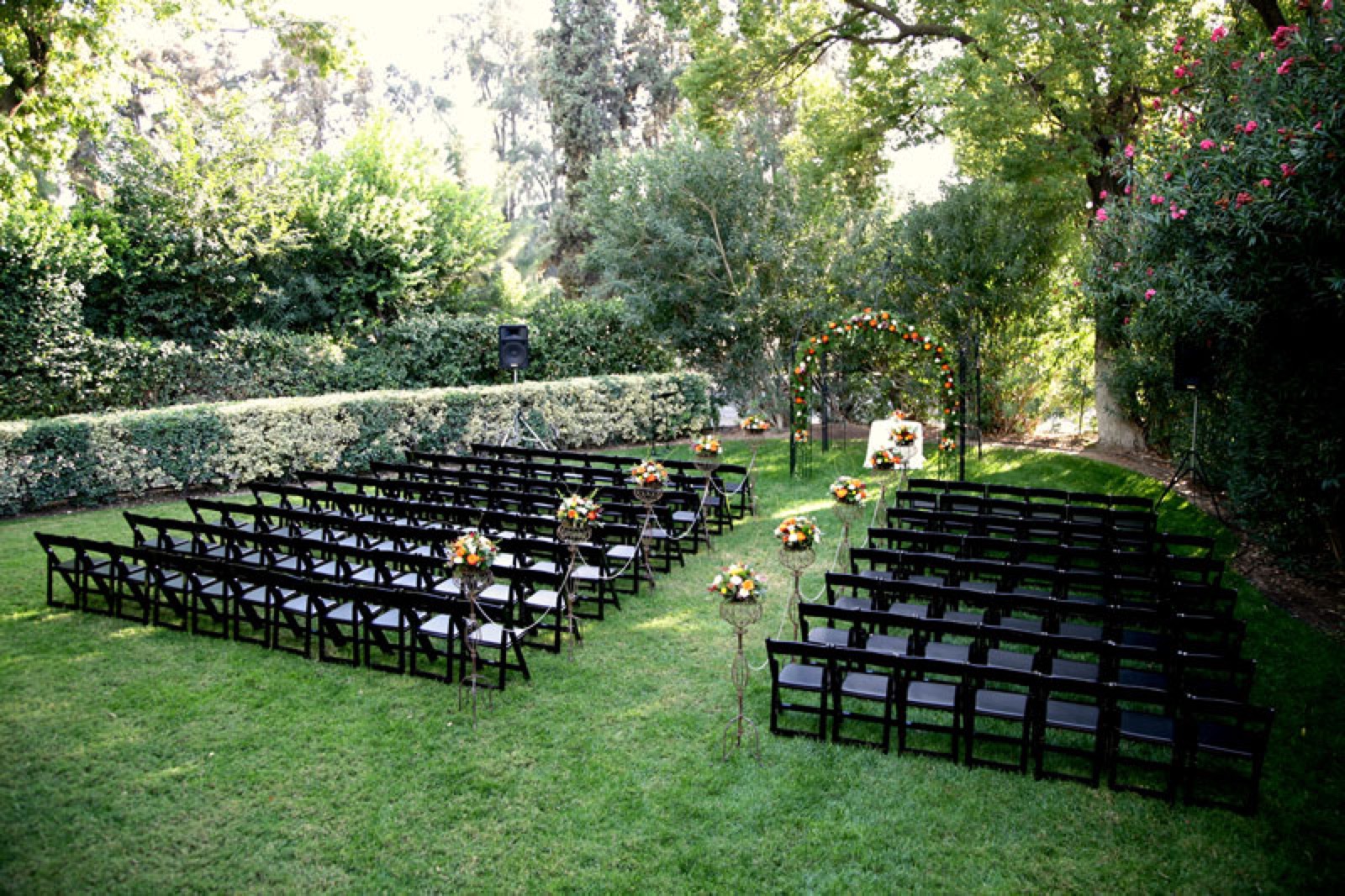 Decorated gazebo and garden grounds at Evanshire Gardens in Ceres, California