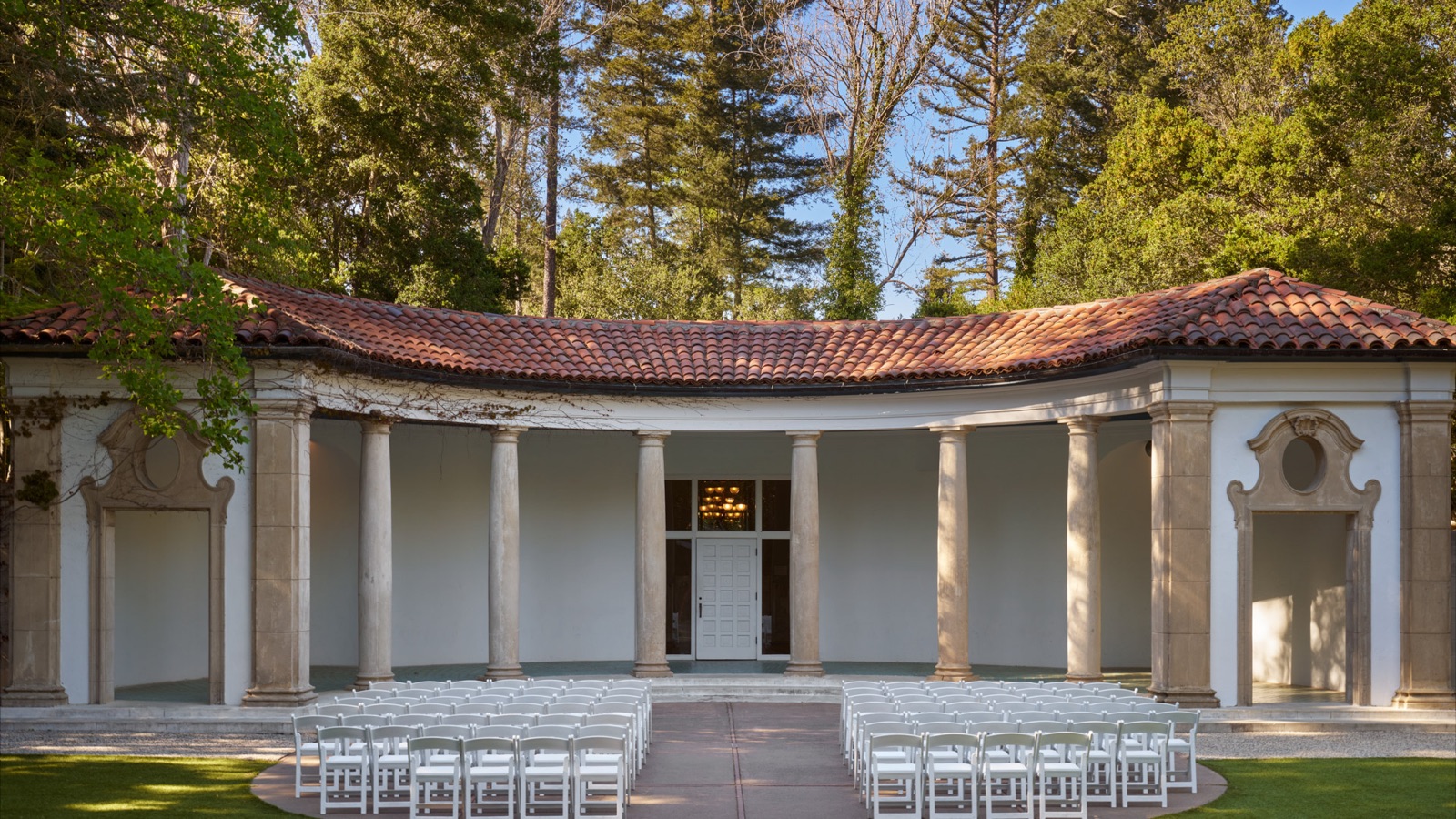 Neoclassical pavilion ceremony lawn with columns at Hacienda de Las Flores in Moraga, CA