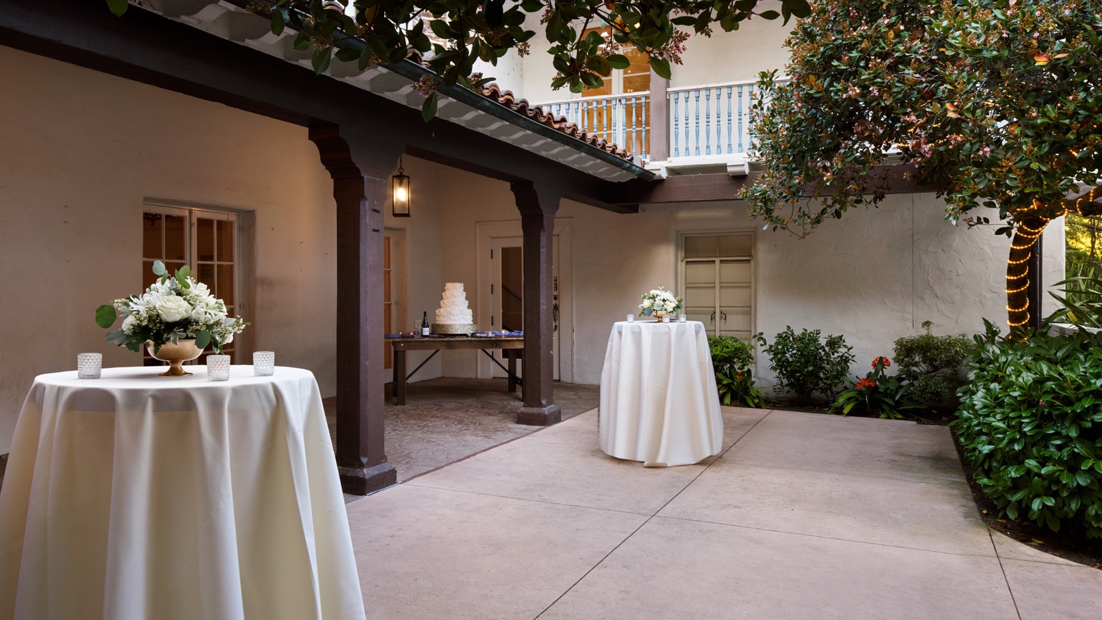 Historic Hacienda mansion building set for cocktail hour at Hacienda de Las Flores in Moraga, CA