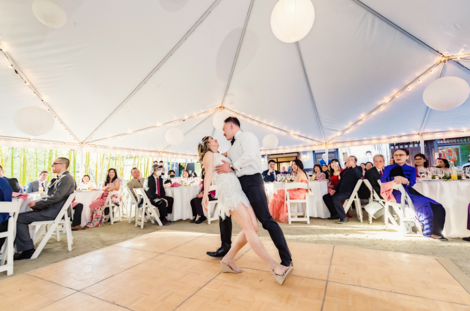 Tented reception and dancing at Hakone Estate and Gardens wedding in Saratoga, California