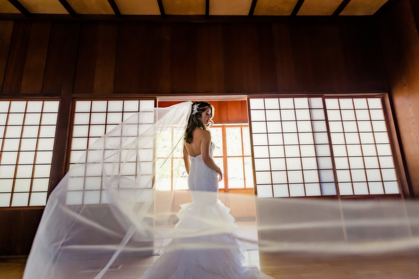 Bride in the gardens at Hakone Estate and Gardens wedding venue in Saratoga, California