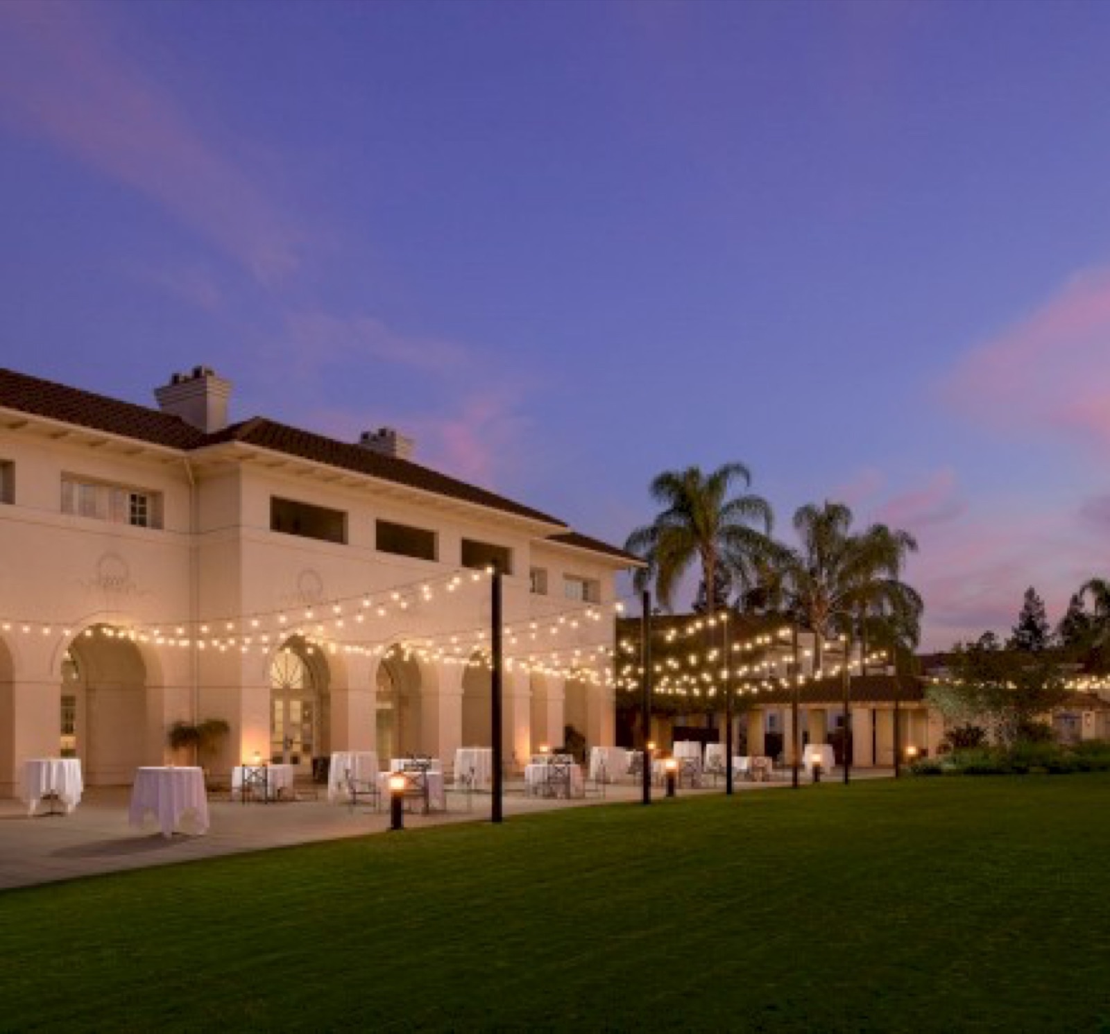 Hayes Ballroom terrace at dusk at Hayes Mansion San Jose in San Jose, California