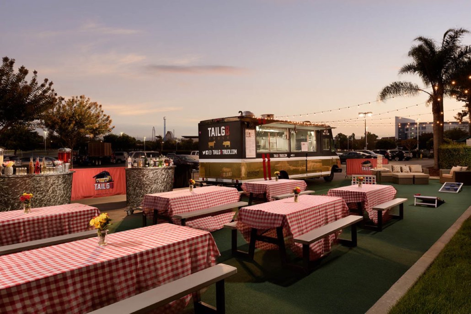 Outdoor TailG8 Zone gathering space at Hilton Santa Clara wedding venue in Santa Clara, California