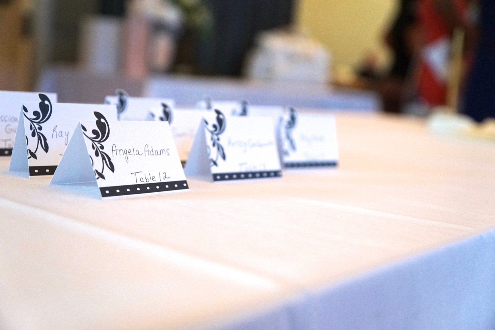 Dining tables set for a wedding reception at Lafayette Veterans Memorial Center in Lafayette, California