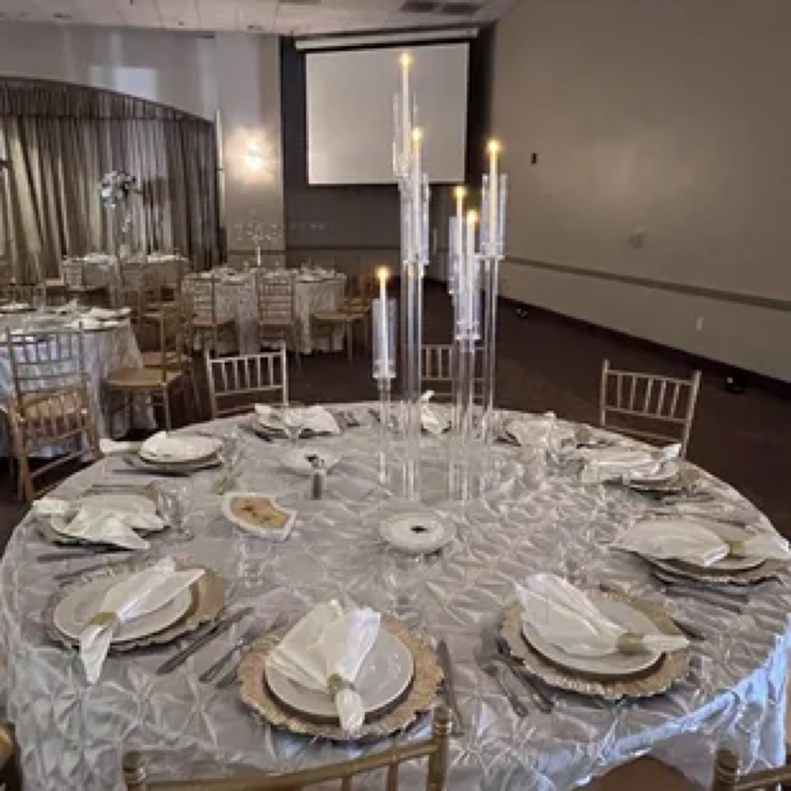 Banquet reception space styled with linens and centerpieces at Larsa Hall in Denair, California