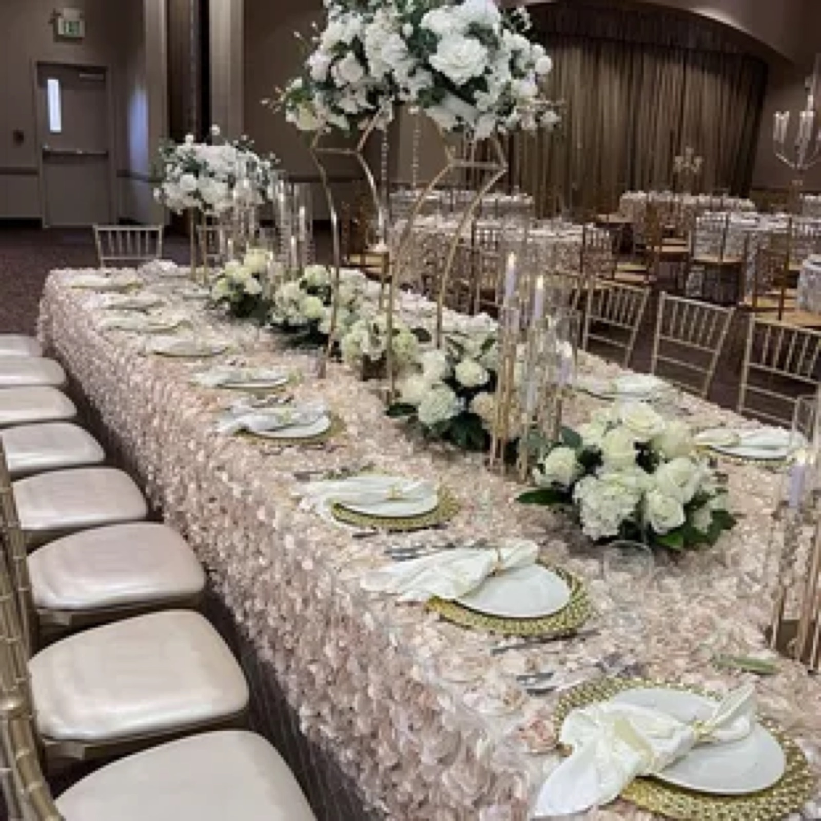 Large divisible event hall arranged for a celebration at Larsa Hall in Denair, California