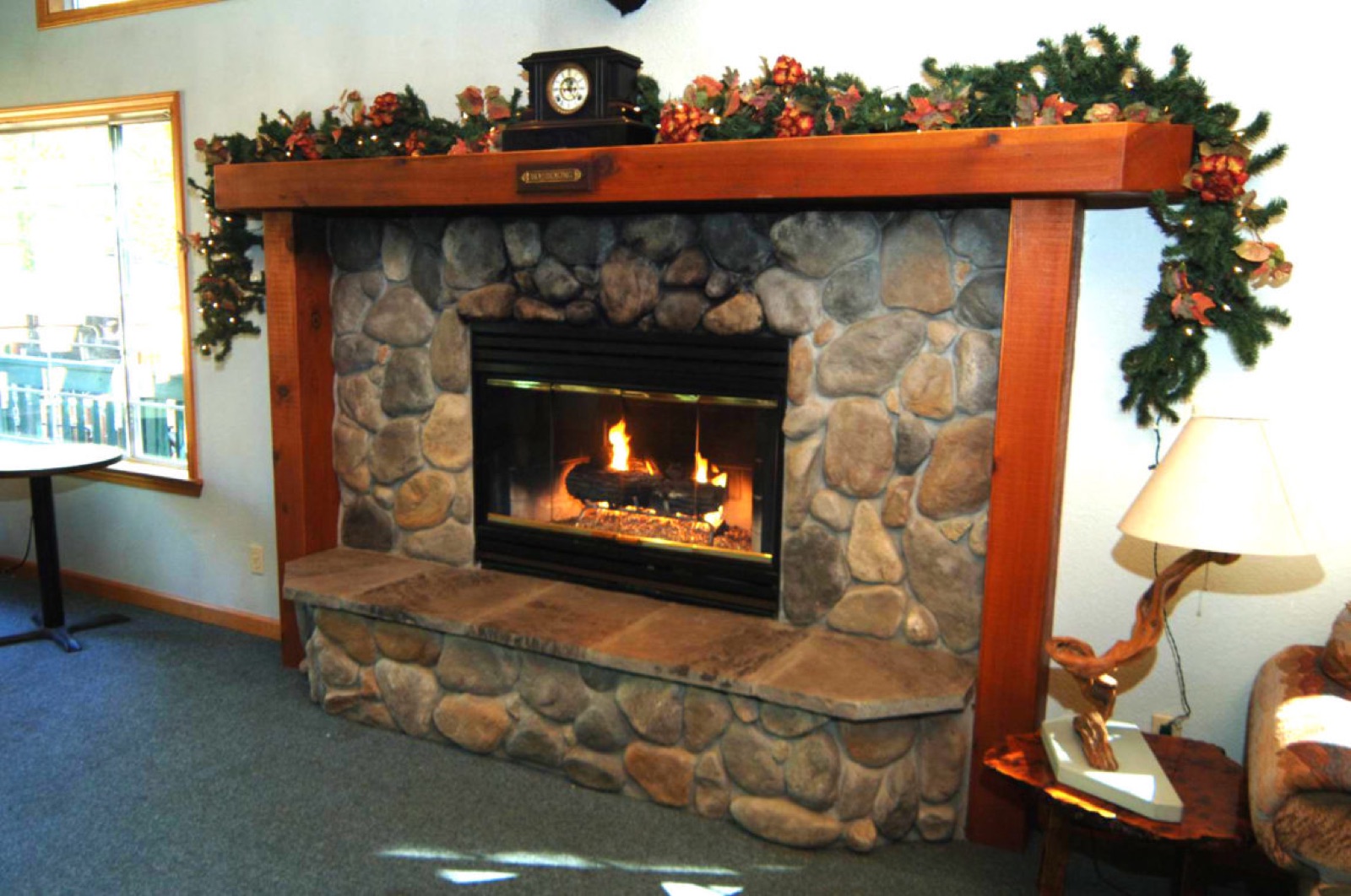 Clubhouse fireplace lounge at Lazy Z Resort wedding venue in Sonora, California