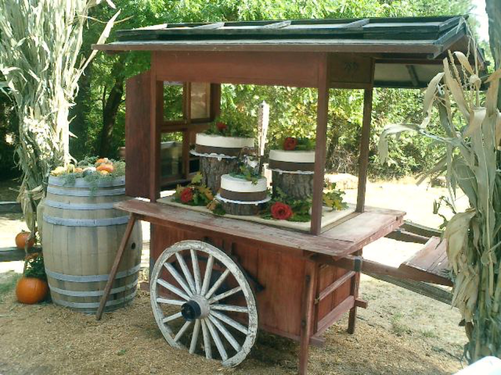 Rustic wagon cake table at Zeke's Cantina, Lazy Z Resort in Sonora, California