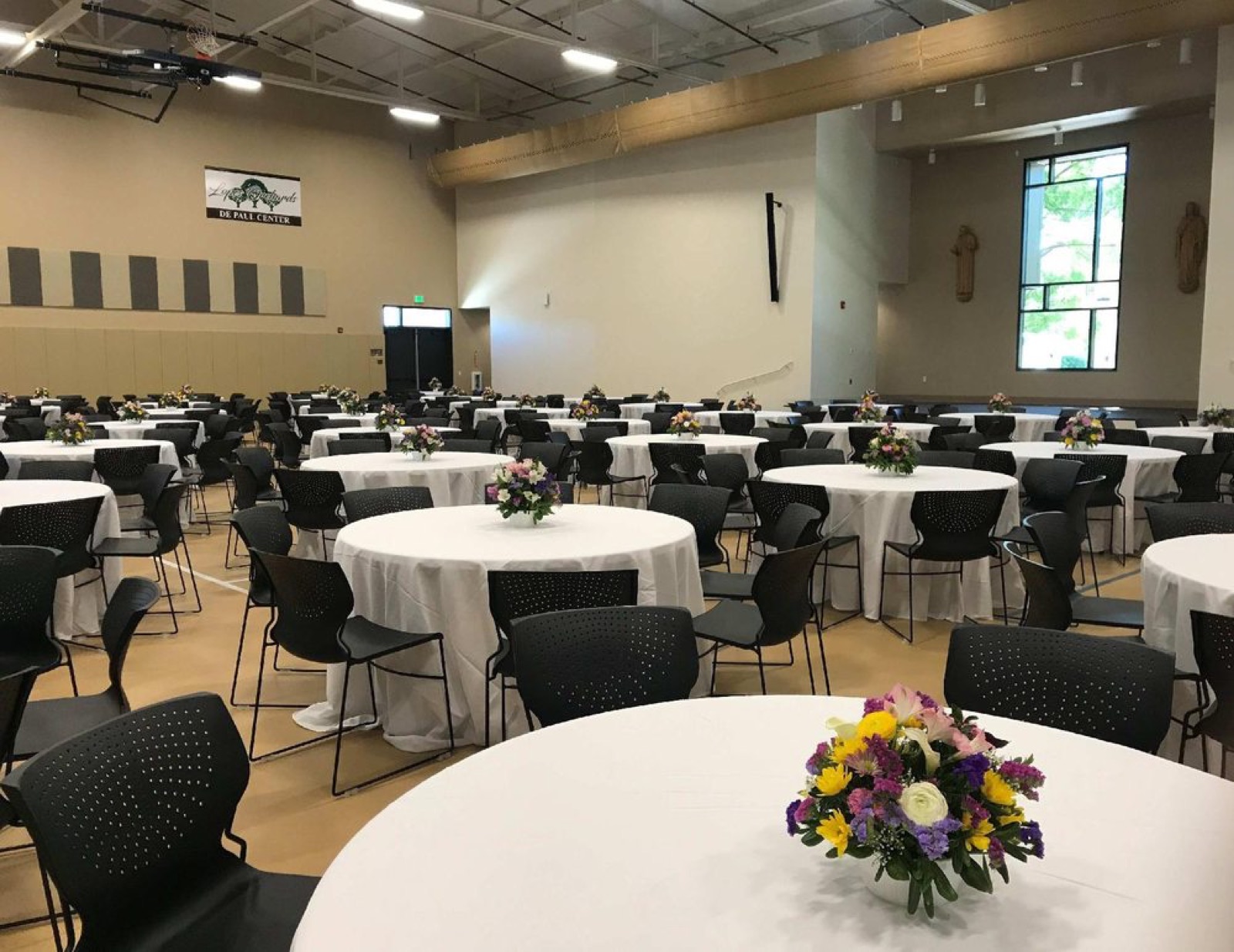 Banquet dinner setting at Lopes Orchards De Paul Center wedding venue in Patterson, California