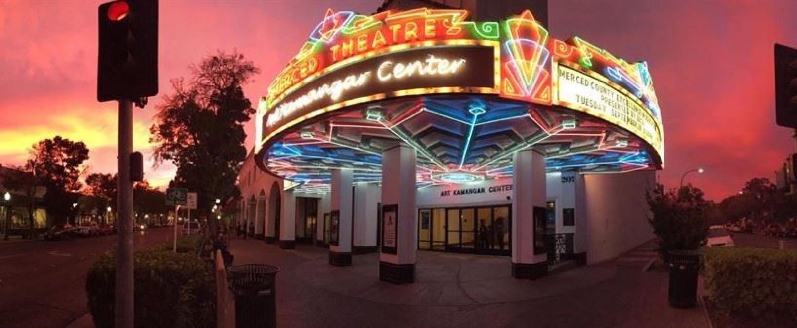 Historic exterior and tower of the Merced Theatre wedding venue in Merced, California