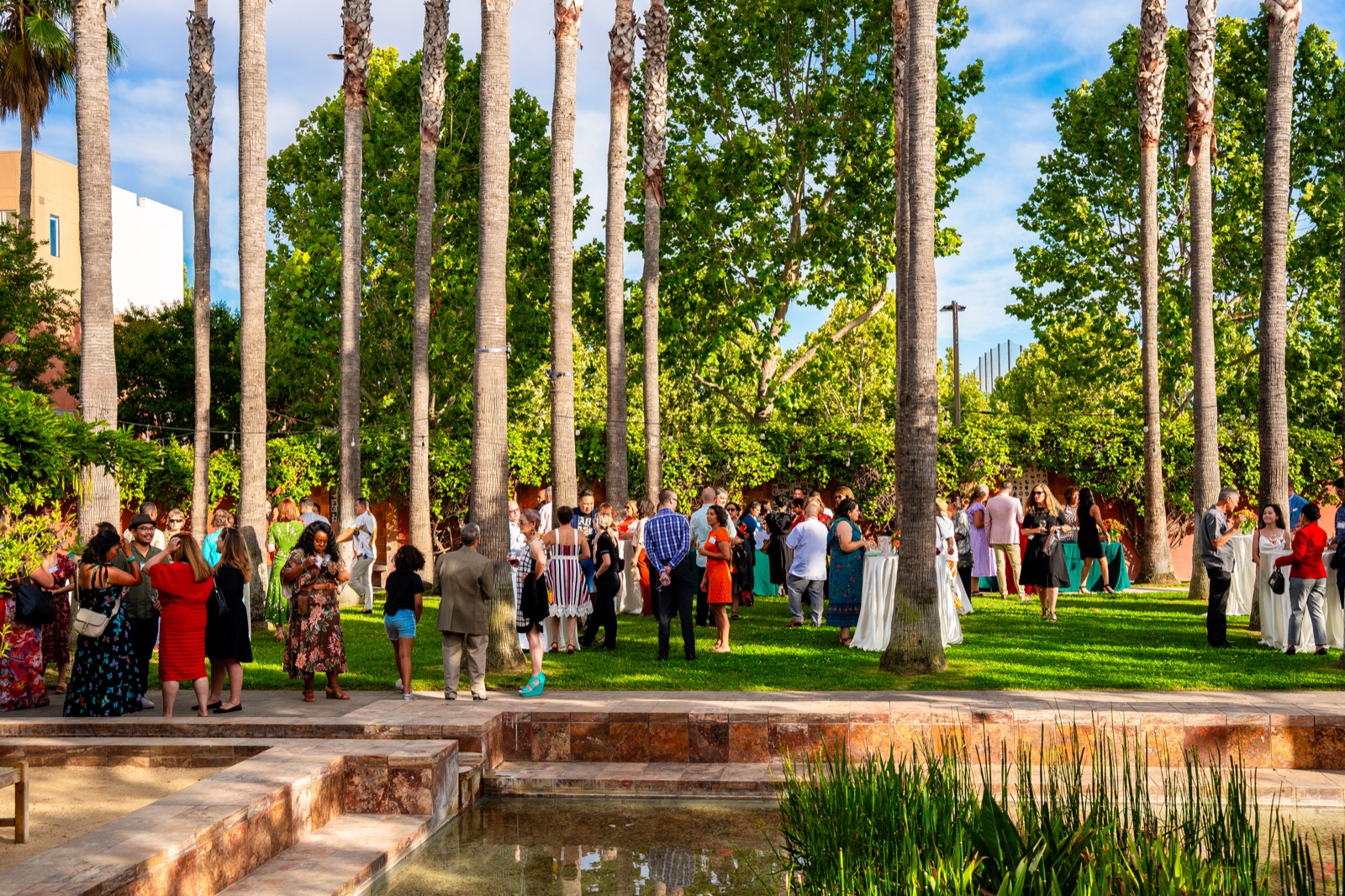 Chinampa Garden with fountain and trellis at Mexican Heritage Plaza in San Jose, California
