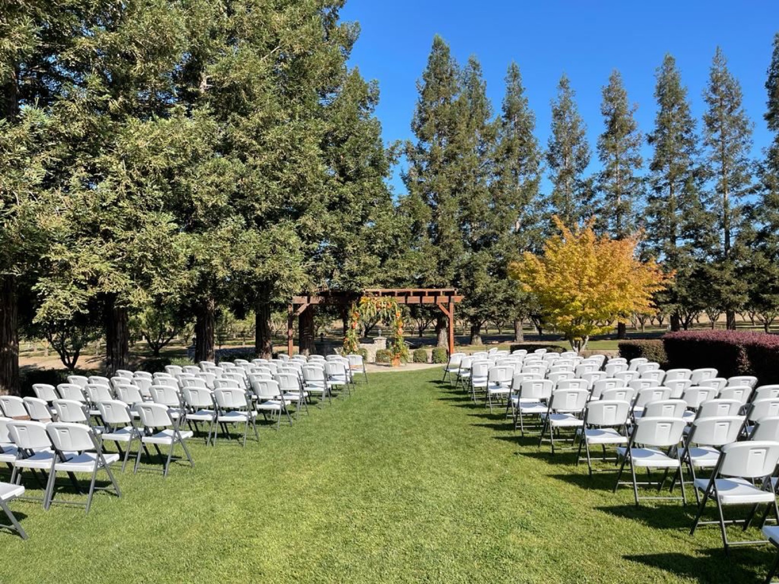 Outdoor reception setup at Miracle Gardens wedding venue in Farmington, California