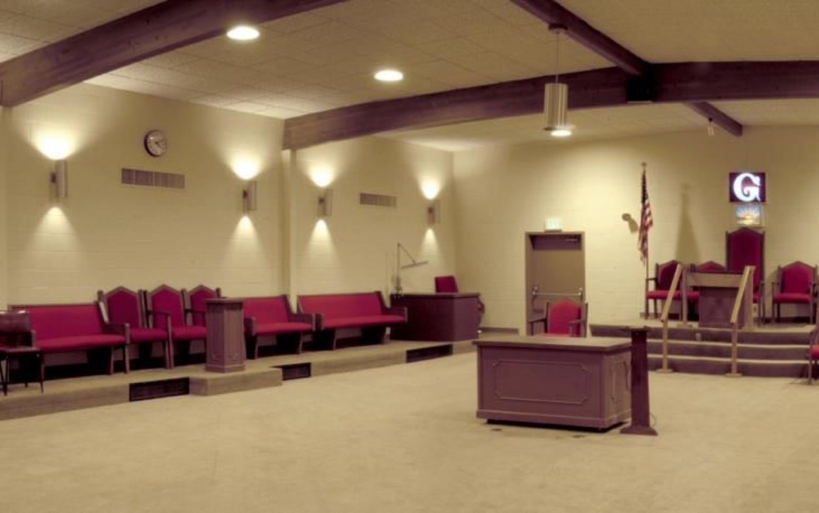 Event space set for a gathering at Modesto Masonic Hall in Modesto, California