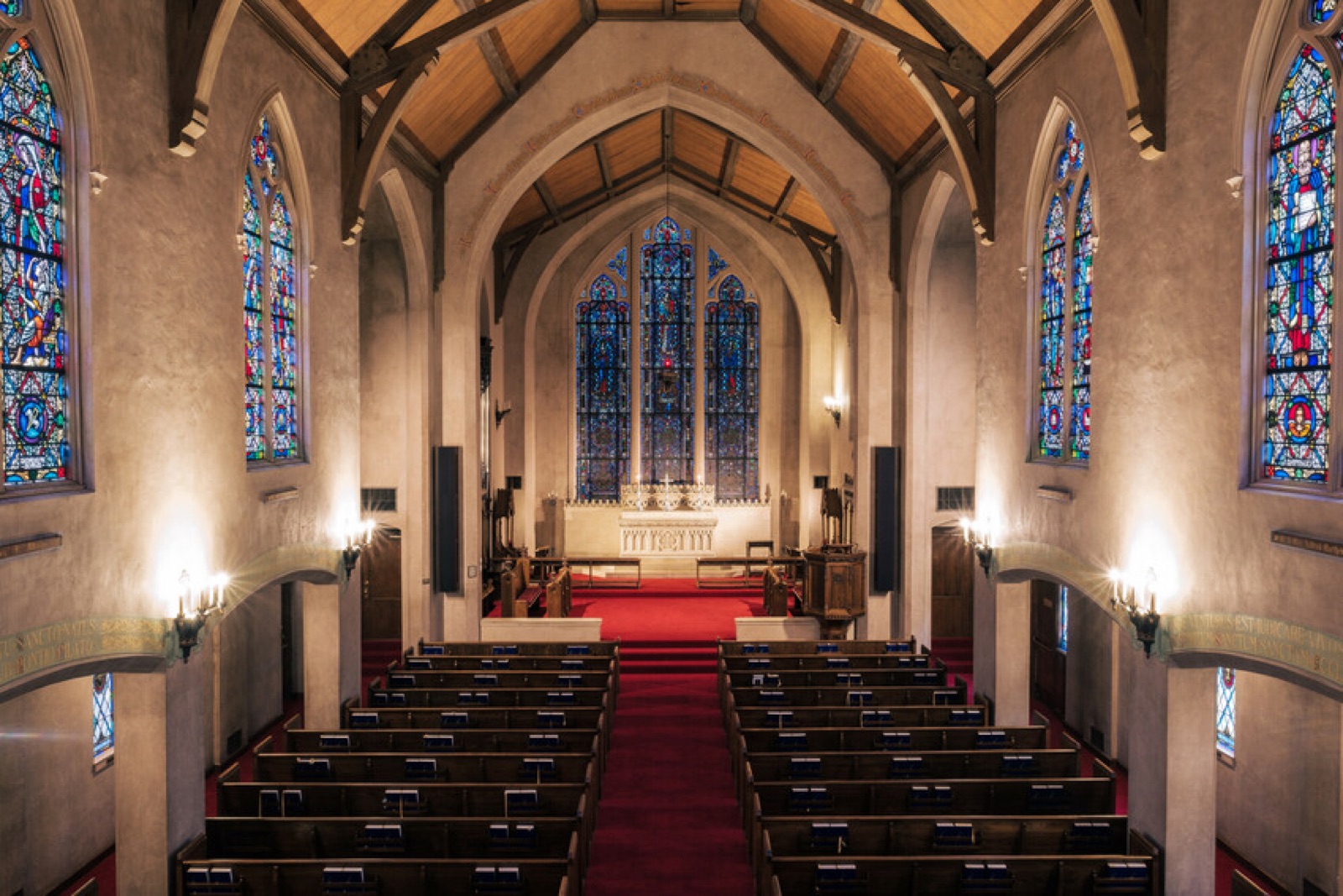Morris Chapel sanctuary set for a wedding ceremony in Stockton, California
