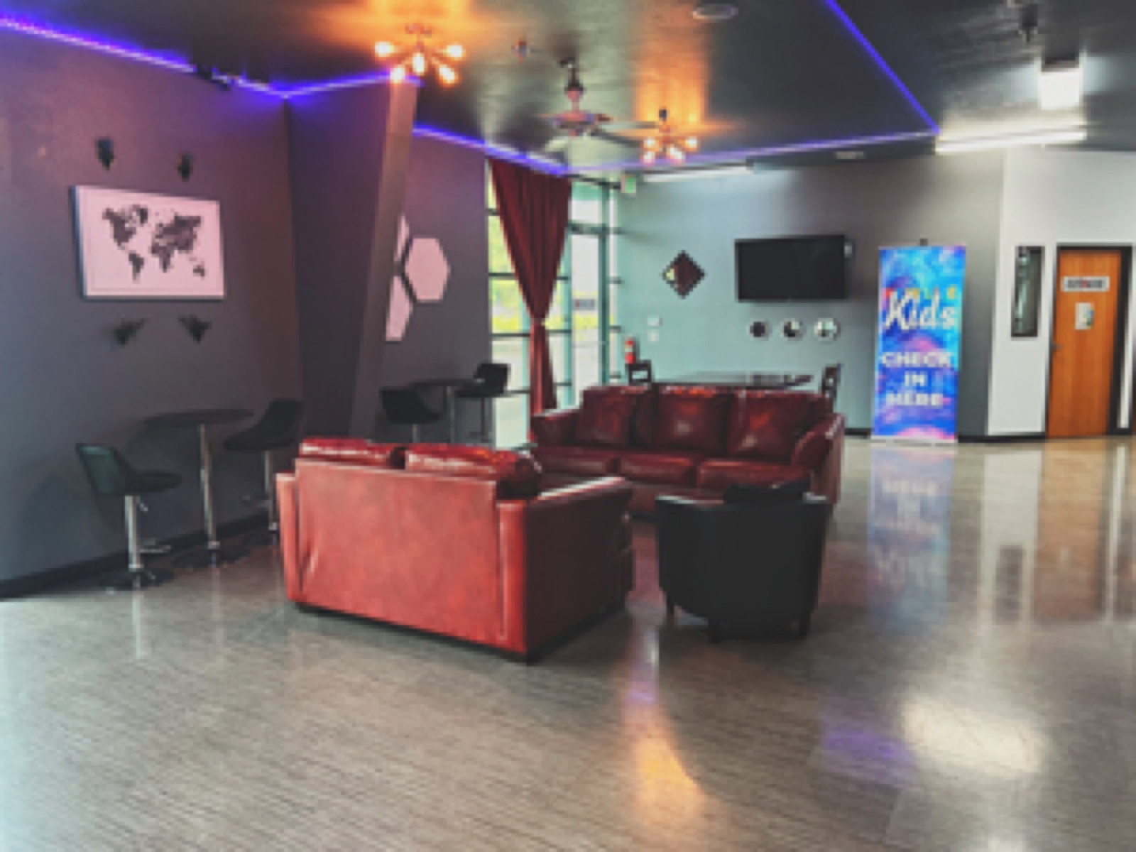 Welcoming lobby at New Life Event Hall in Lathrop, California
