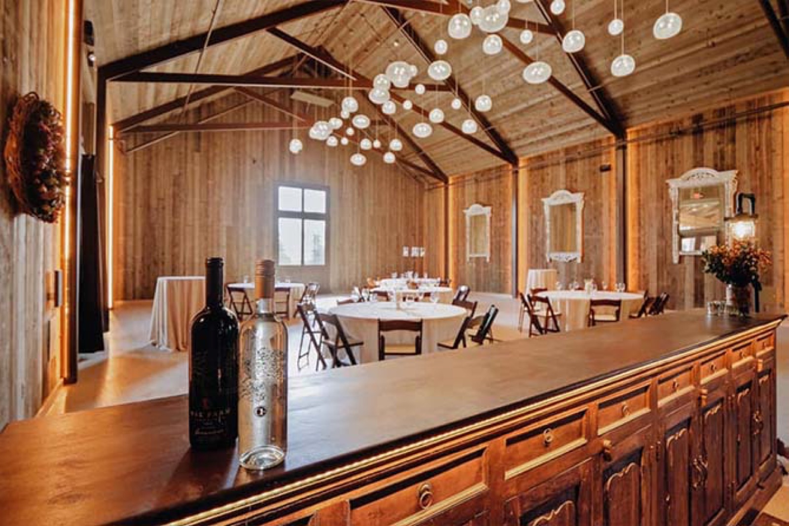 The climate-controlled Barrel Room event space at Oak Farm Vineyards in Lodi, California