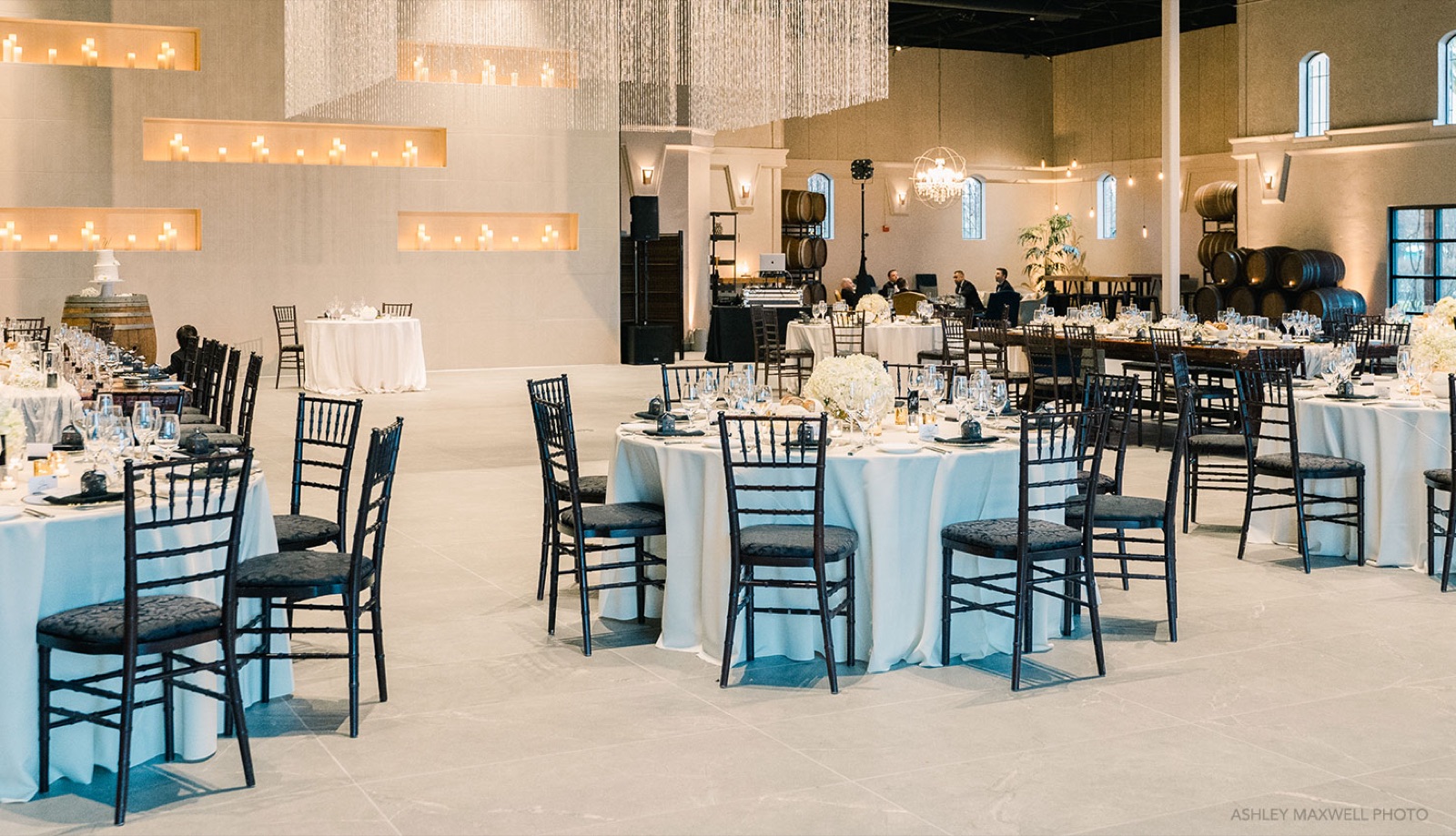 Glass-walled ballroom set for a reception at Palm Event Center in the Vineyard, Pleasanton, California