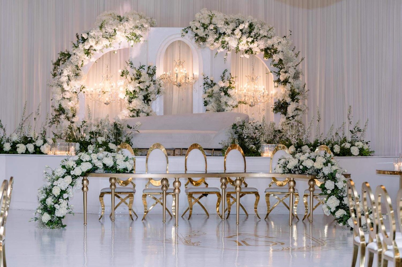 Wedding reception stage and dance floor decor at Paradise Ballrooms in Fremont, CA