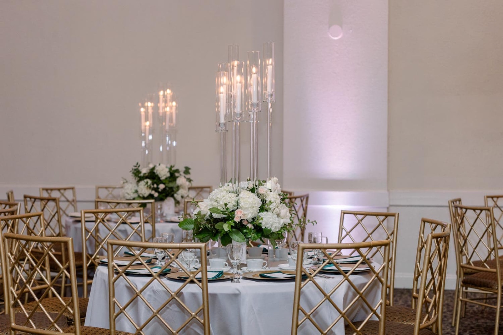 Reception table setup for a wedding at Paradise Ballrooms in Fremont, CA