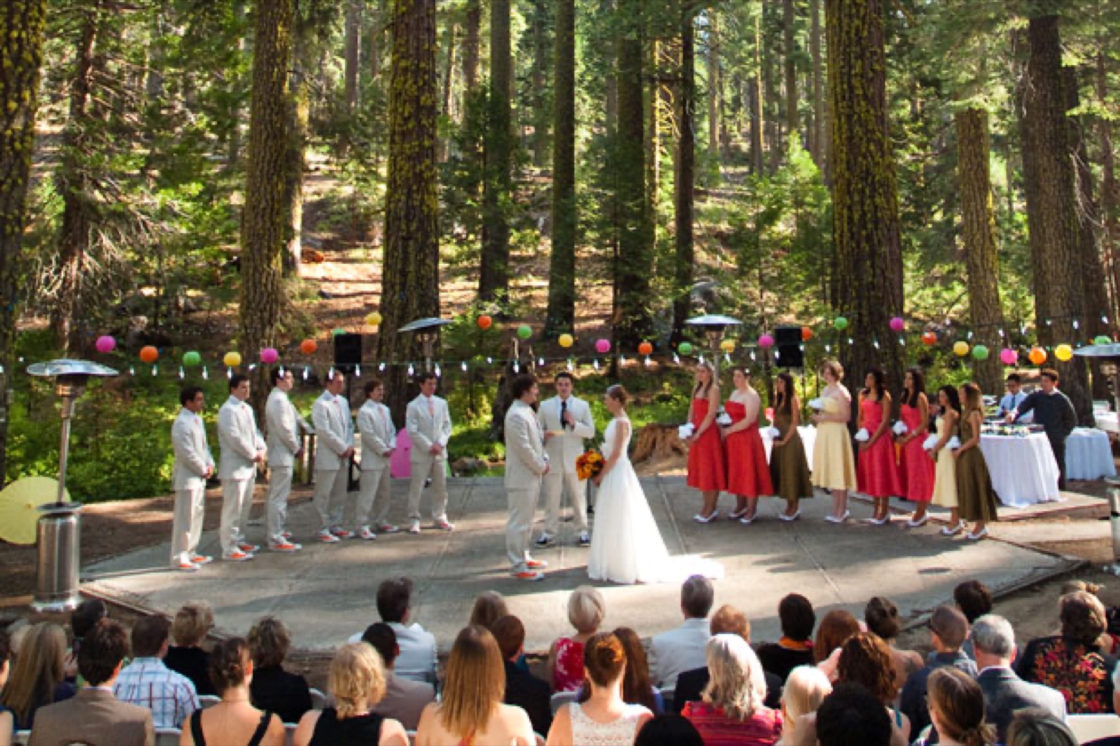 Wedding couple in the forest setting at Pinecrest Chalet, Pinecrest, California