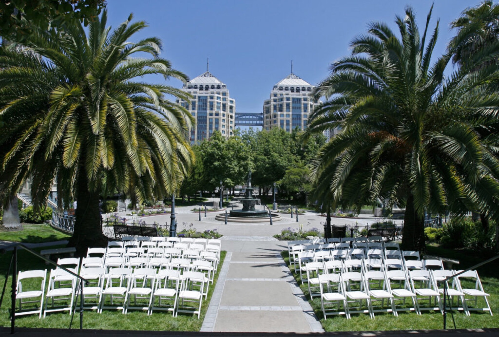 Outdoor garden ceremony setting at Preservation Park wedding venue in Oakland, California