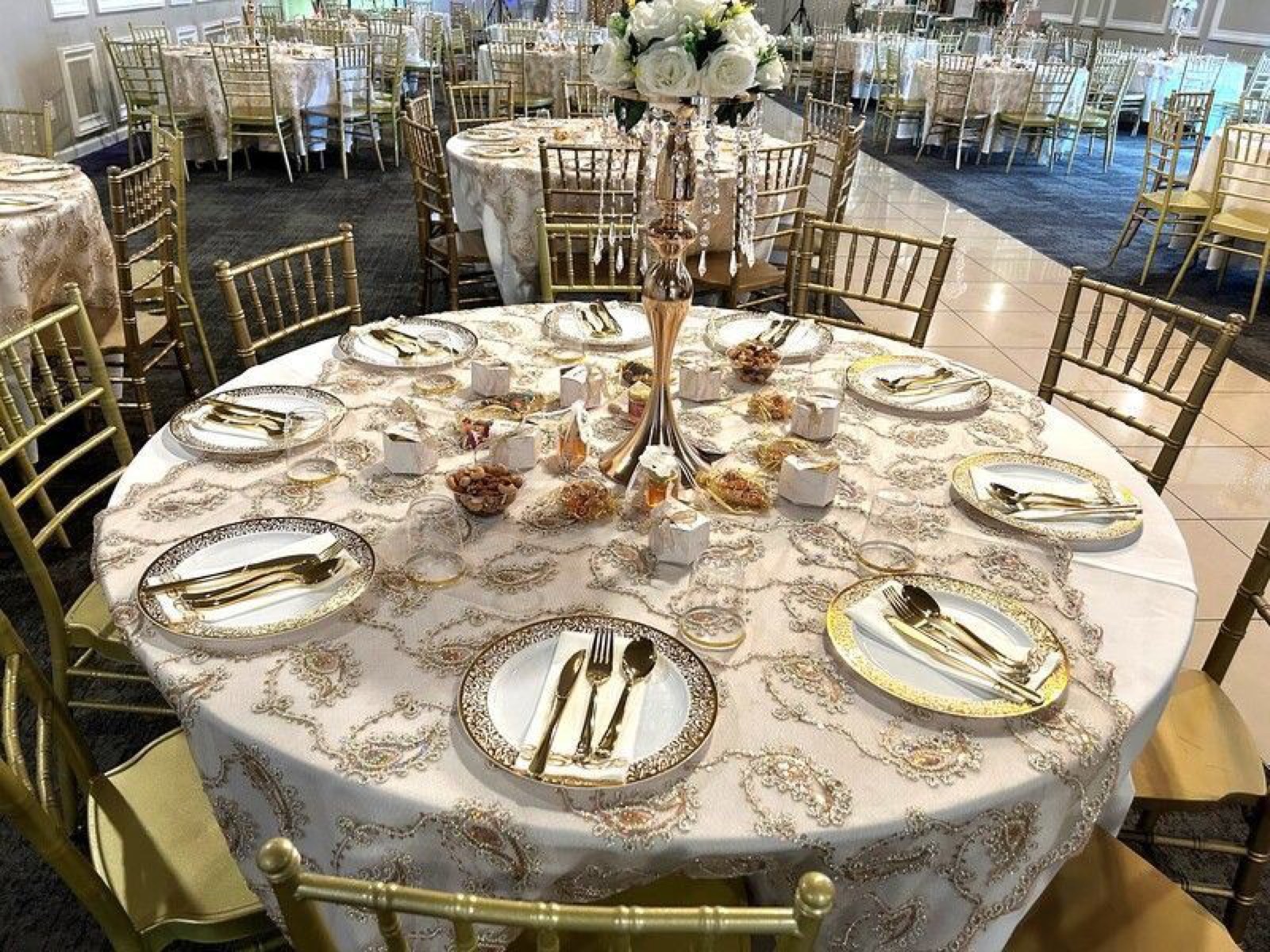 Interior of the elegantly styled event hall at Prince Banquet Hall in Modesto, California