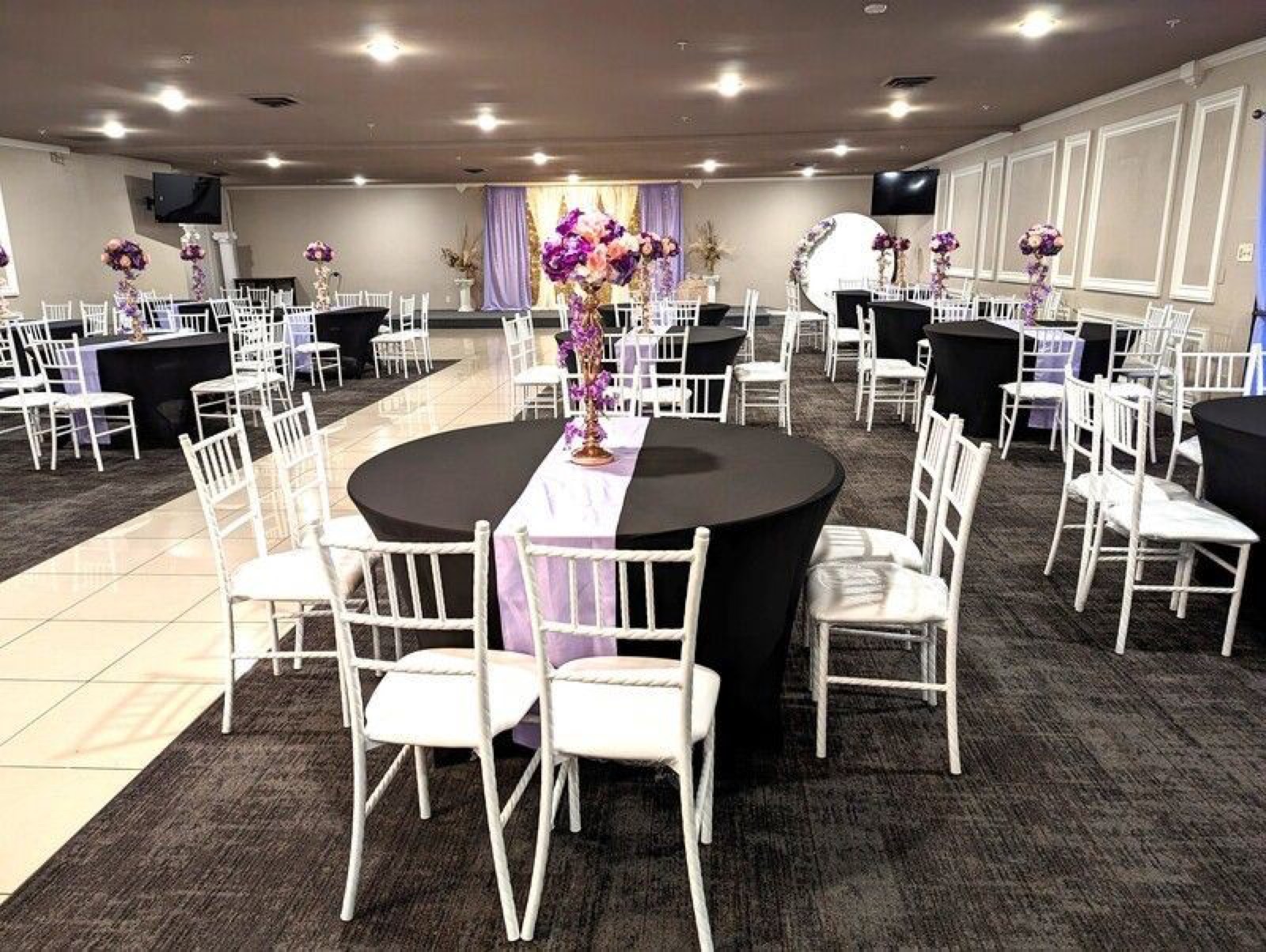 Banquet tables and Chiavari chairs arranged at Prince Banquet Hall in Modesto, California