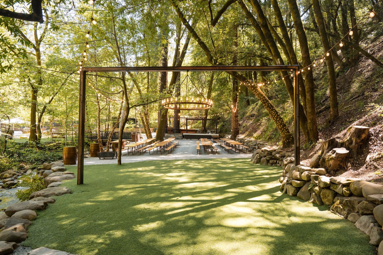 Redwood Grove event space surrounded by towering trees at Saratoga Springs in Saratoga, California