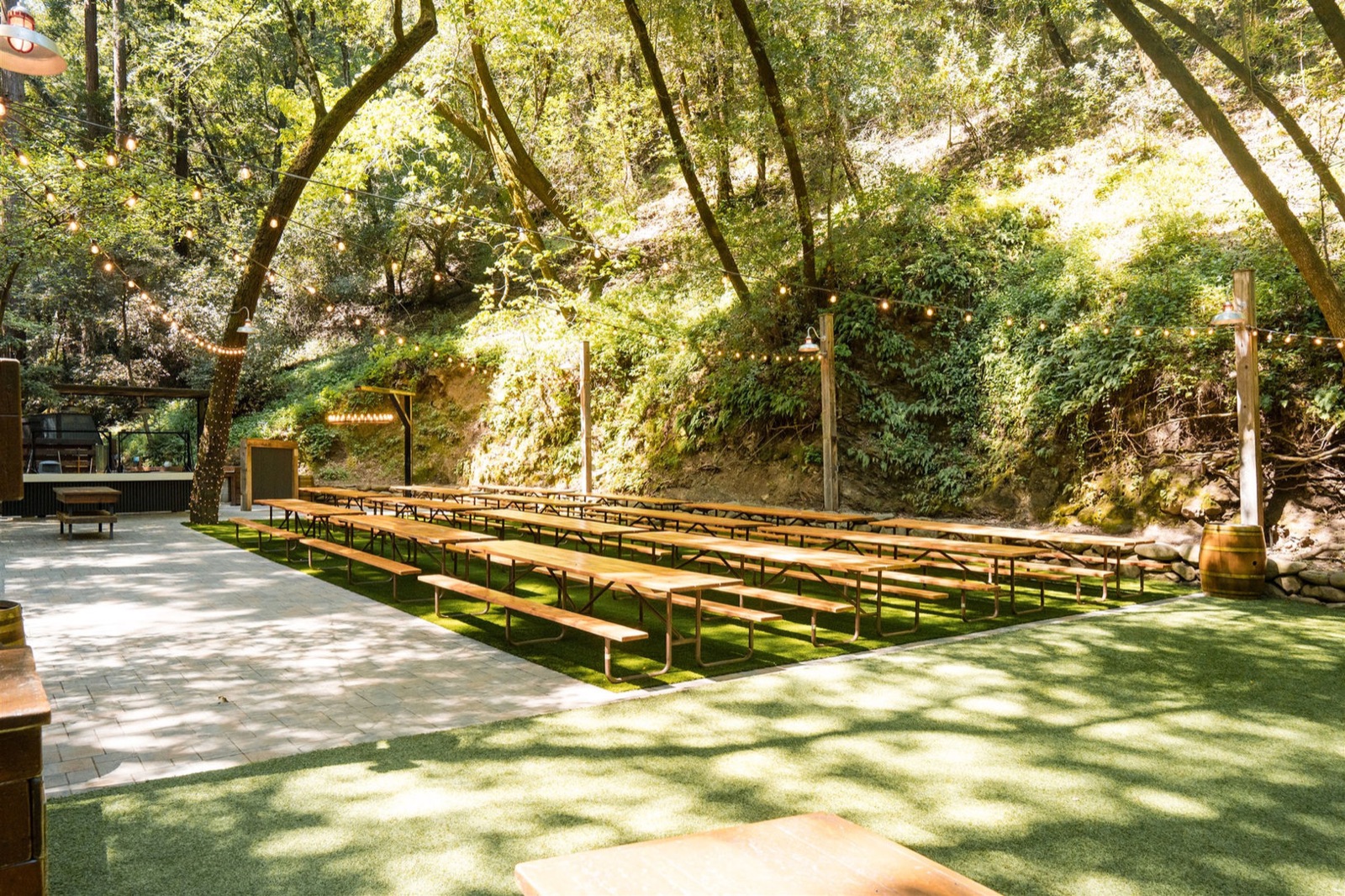 Wooded ceremony grove with seating at Saratoga Springs wedding venue in Saratoga, California