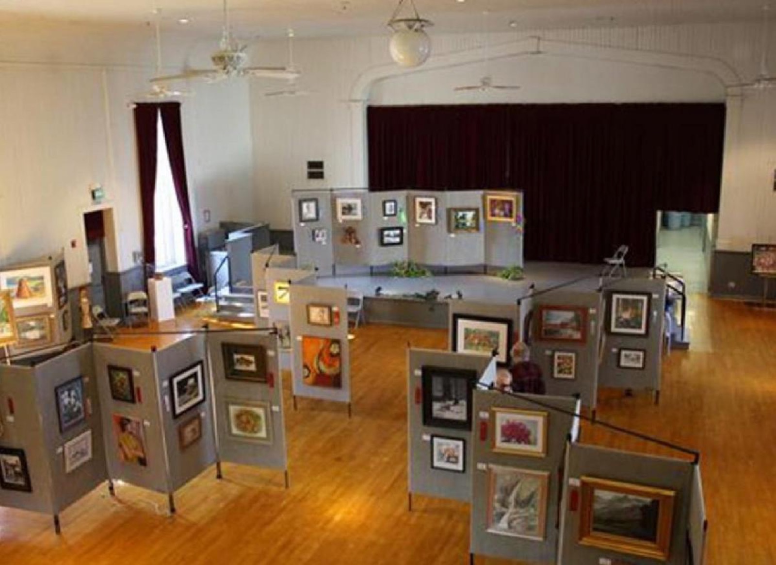 Hardwood main hall and stage arranged for an event at Sonora Opera Hall in Sonora, California