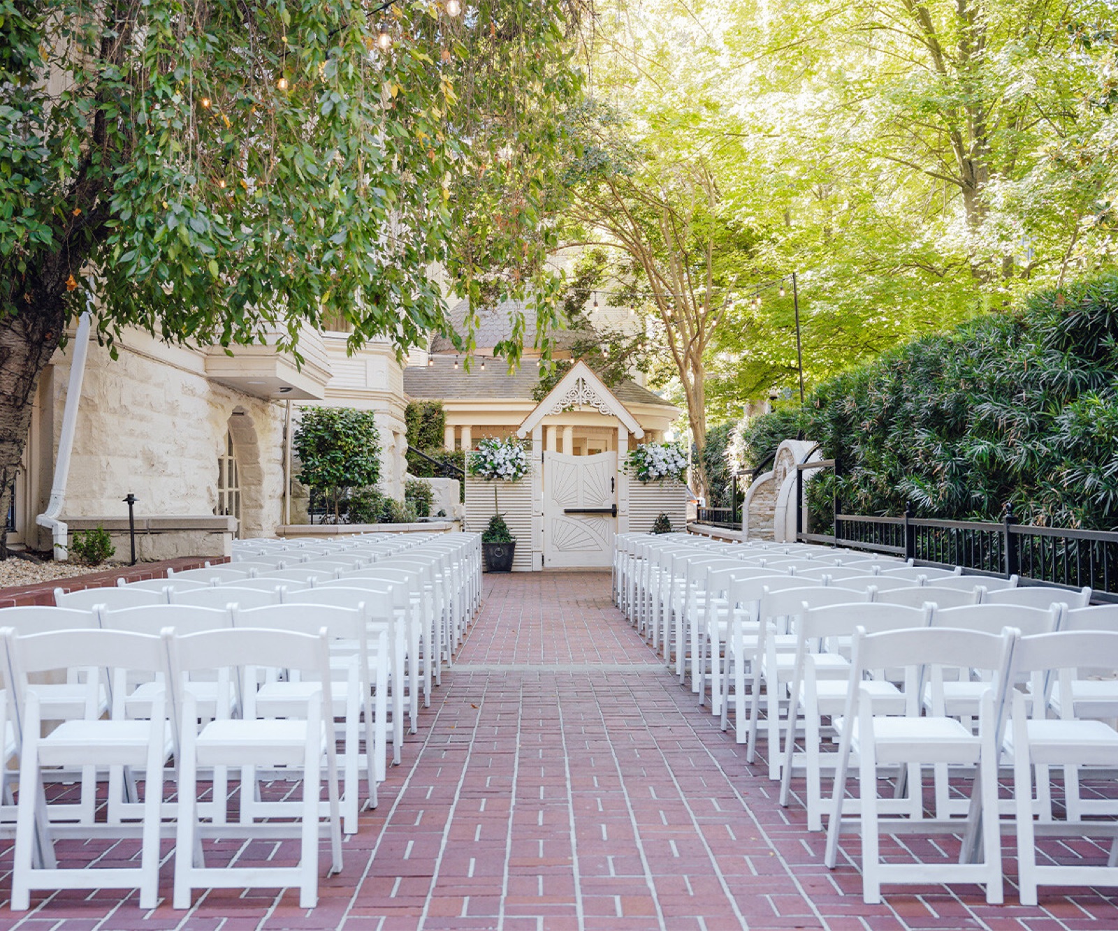 Outdoor patio ceremony setup at Sterling Hotel by Wedgewood Weddings in Sacramento